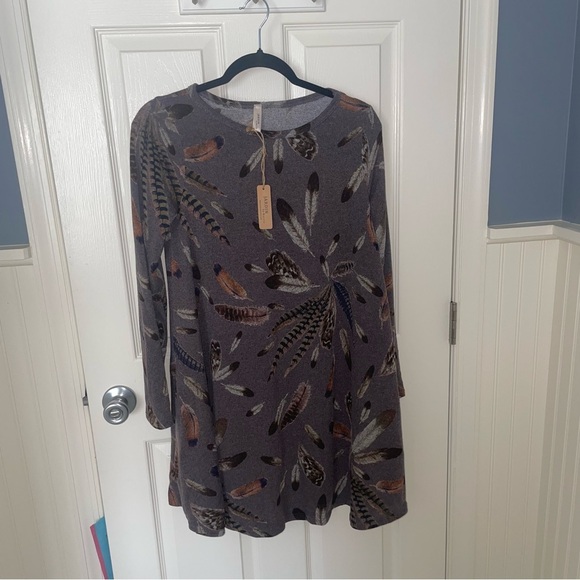 Jardin by Macris Tunic Sweater Dress S Feather Print Pockets Brown Flare Swing - Picture 1 of 8